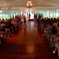 light pink chair sashes and an indoor wedding with beautiful views in Houston