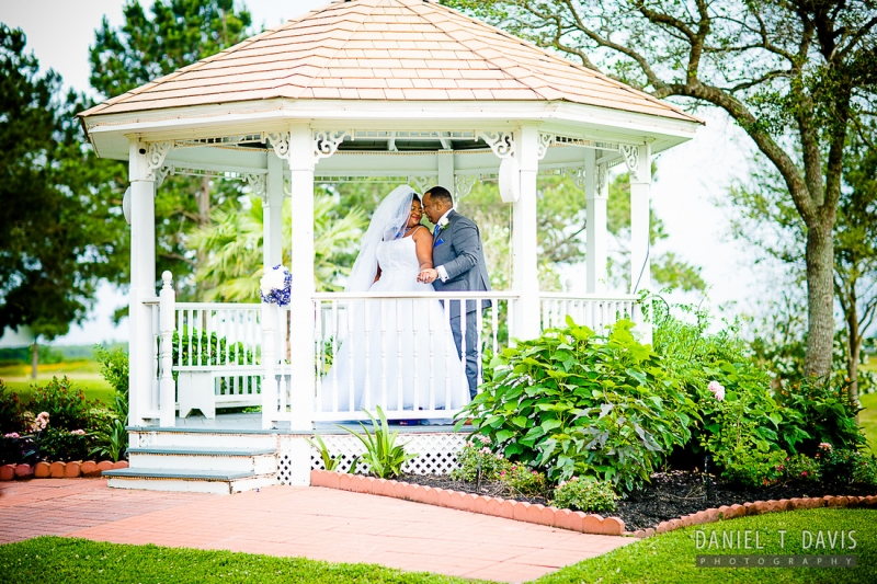 gazebo pictures in June with wedding couple