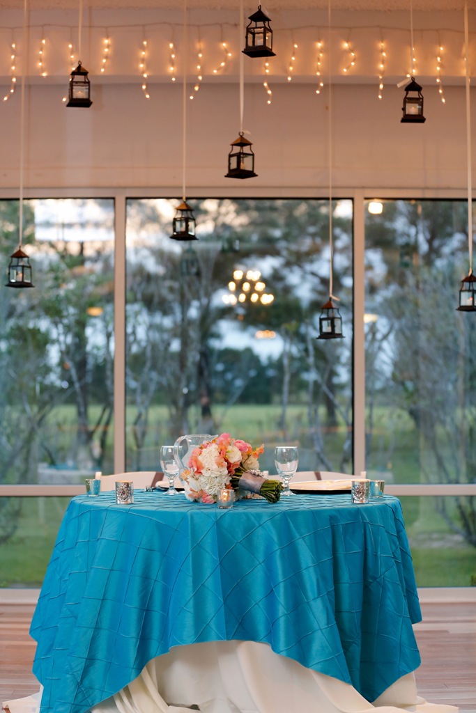 Wedding reception photos - vibrant tables with a view and creative decorations