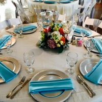elegant reception table with silver and blues
