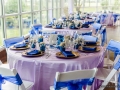 group of tables in vivid blues at House Estate