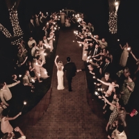 Beautiful sparkler exit from above at a Houston wedding venue
